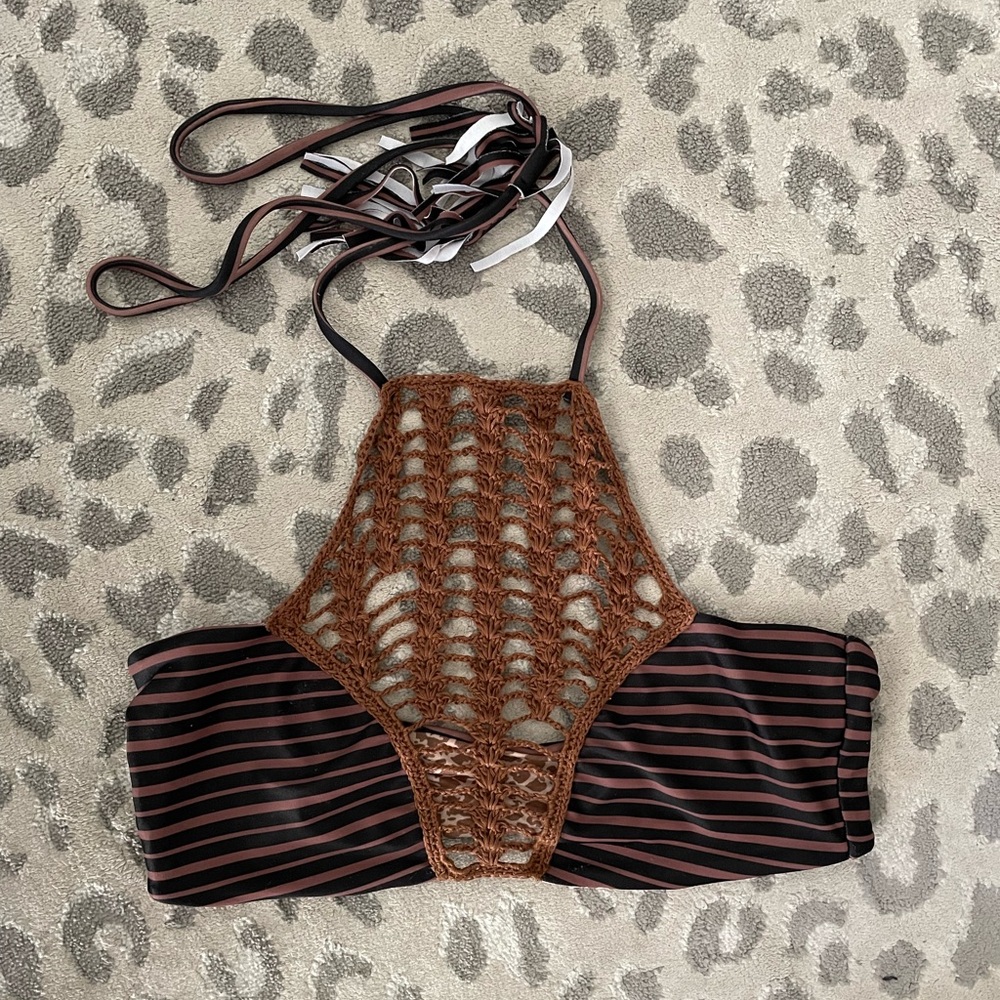 Acacia High Neck Crochet Striped Black and Tan Bikini Swimsuit Top